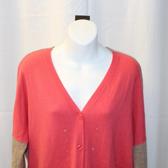 Garnet Hill Women’s Colorblock Cashmere Cardigan Size Medium Coral Pink and tan - Picture 2 of 16